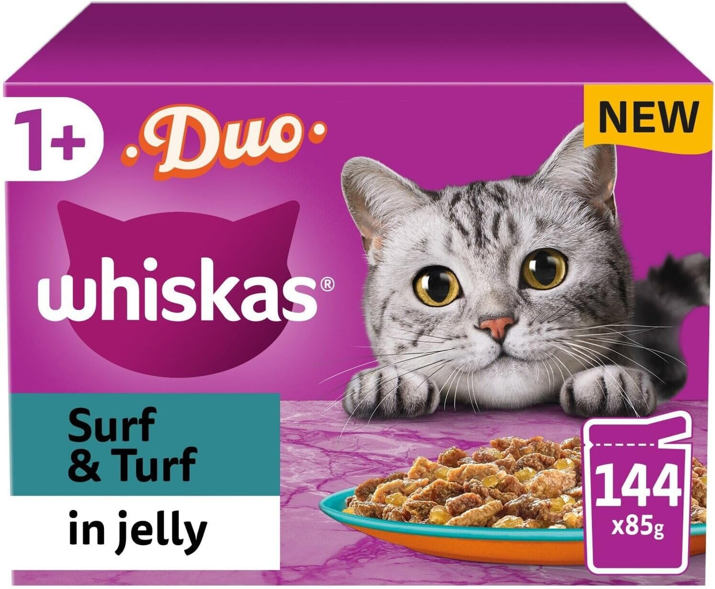 Whiskas 1+ Surf & Turf in Jelly 144 x 85g Pouches – Adult Wet Cat Food Megapack with Meat & Fish Variety, Nutritionally Balanced Meals with Essential Vitamins & Minerals for Cats Aged 1+